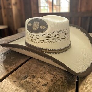 Men's White Straw Cowboy Hat with Brown Trim & Decor Badge - Mr. Urban Cowboy!